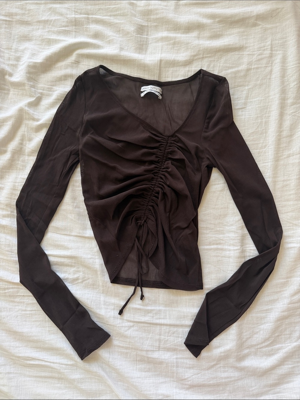 Urban Outfitters Brown Ruched Mesh Drawstring Long Sleeve Top